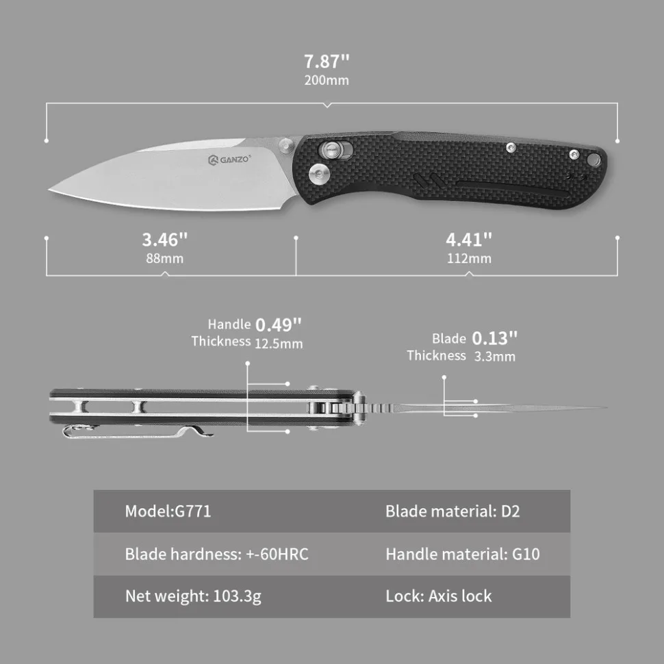 Ніж складаний Ganzo D2 88 мм чорний G10