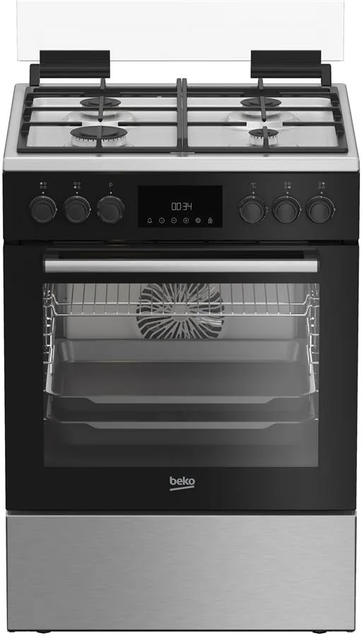 Комбінована плита Beko, 72 л, 60x60 см, з дисплеєм, конвекційним нагрівом, чавунними решітками, чорного кольору.