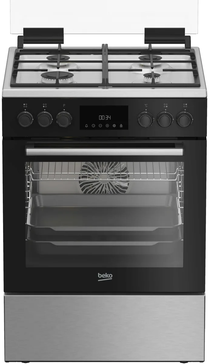 Комбинированная плита Beko, 72 л, 60x60 см, с дисплеем, конвекционным нагревом, чугунными решетками, черного цвета.