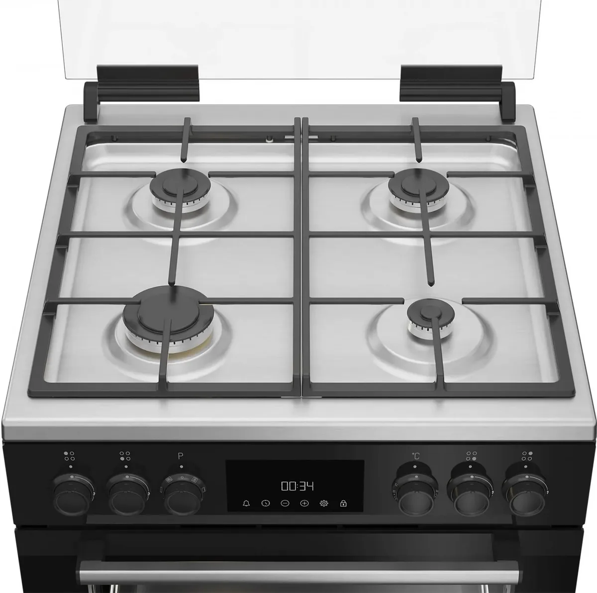 Комбинированная плита Beko, 72 л, 60x60 см, с дисплеем, конвекционным нагревом, чугунными решетками, черного цвета.