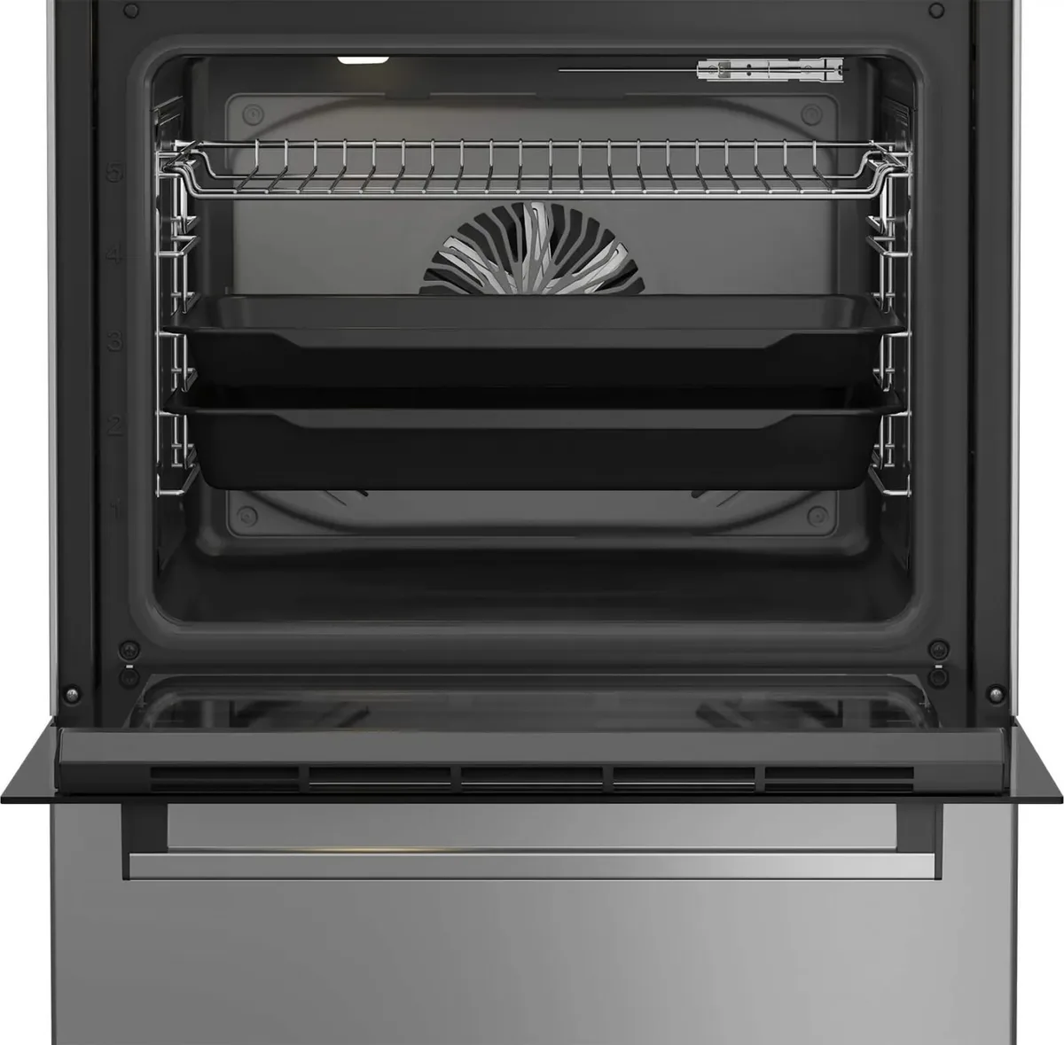 Комбинированная плита Beko, 72 л, 60x60 см, с дисплеем, конвекционным нагревом, чугунными решетками, черного цвета.