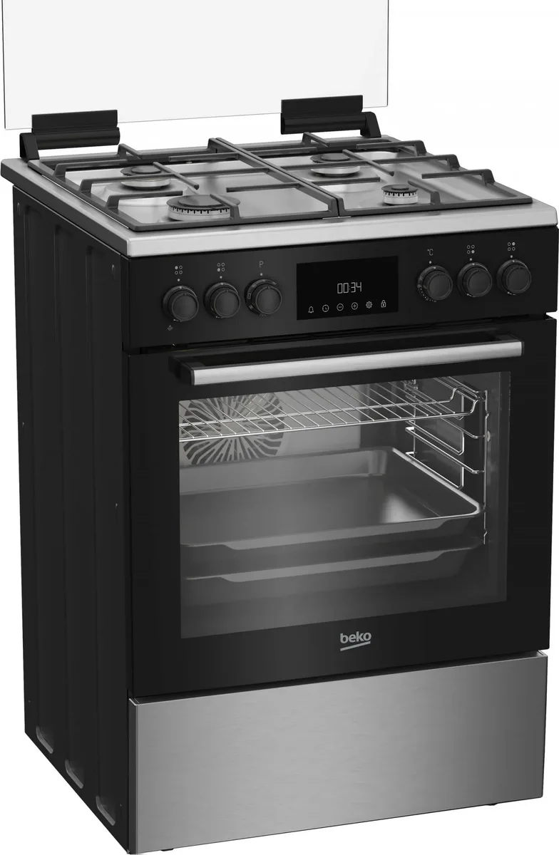 Комбинированная плита Beko, 72 л, 60x60 см, с дисплеем, конвекционным нагревом, чугунными решетками, черного цвета.