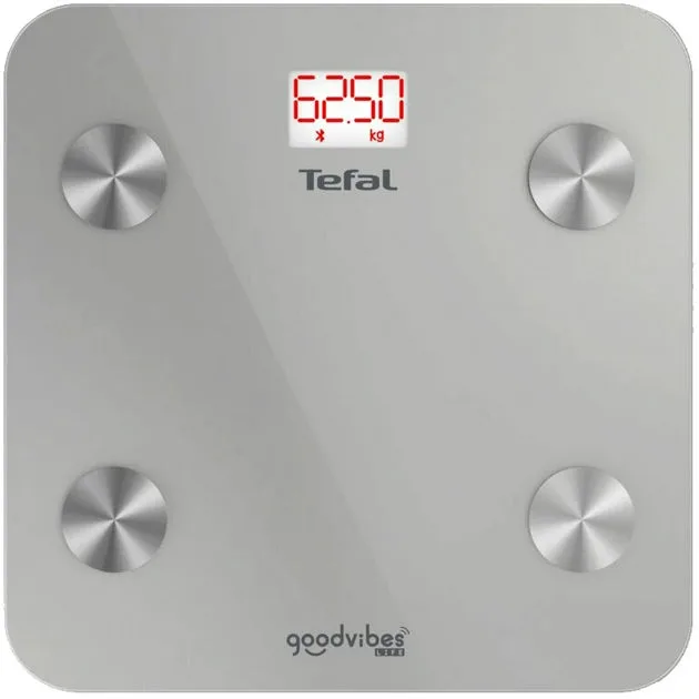 Ваги Tefal підлогові Goodvibes Life, 160 кг, з Bluetooth, живлення від 3-х AAA батарей, скляний корпус, сірого кольору.