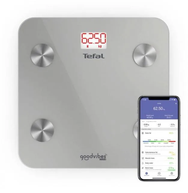 Ваги Tefal підлогові Goodvibes Life, 160 кг, з Bluetooth, живлення від 3-х AAA батарей, скляний корпус, сірого кольору.