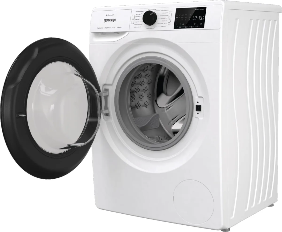 Фронтальна пральна машина Gorenje, 8 кг, 1400 об/хв, клас A+++, 55 см, з дисплеєм, інверторним двигуном, функцією пари та Wi-Fi, б