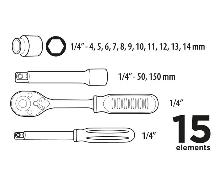 Набір інструментів Top Tools, набір торцевих головок 1/4", 15шт