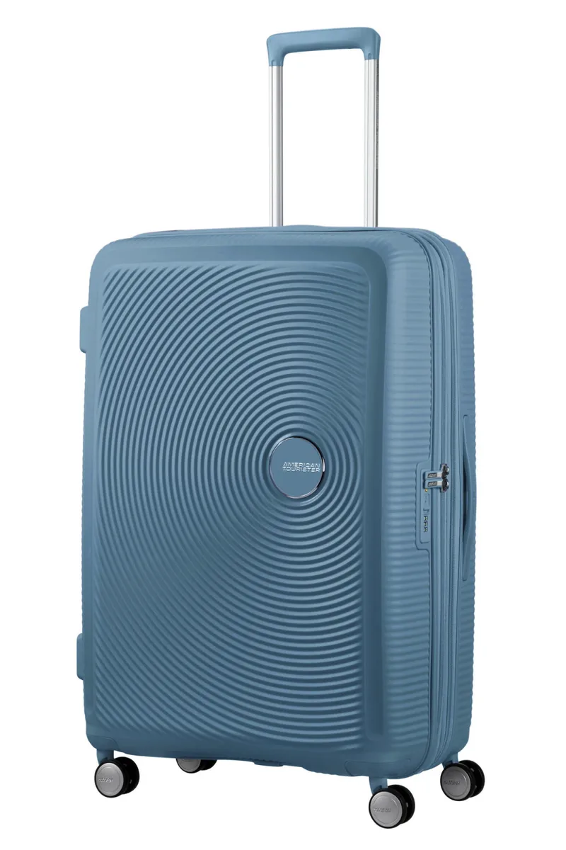 Вализа American Tourister, Soundbox, полипропилен, большая, 77 см, 97/110 л, TSA, 4 колеса, EXP, серо-синяя.