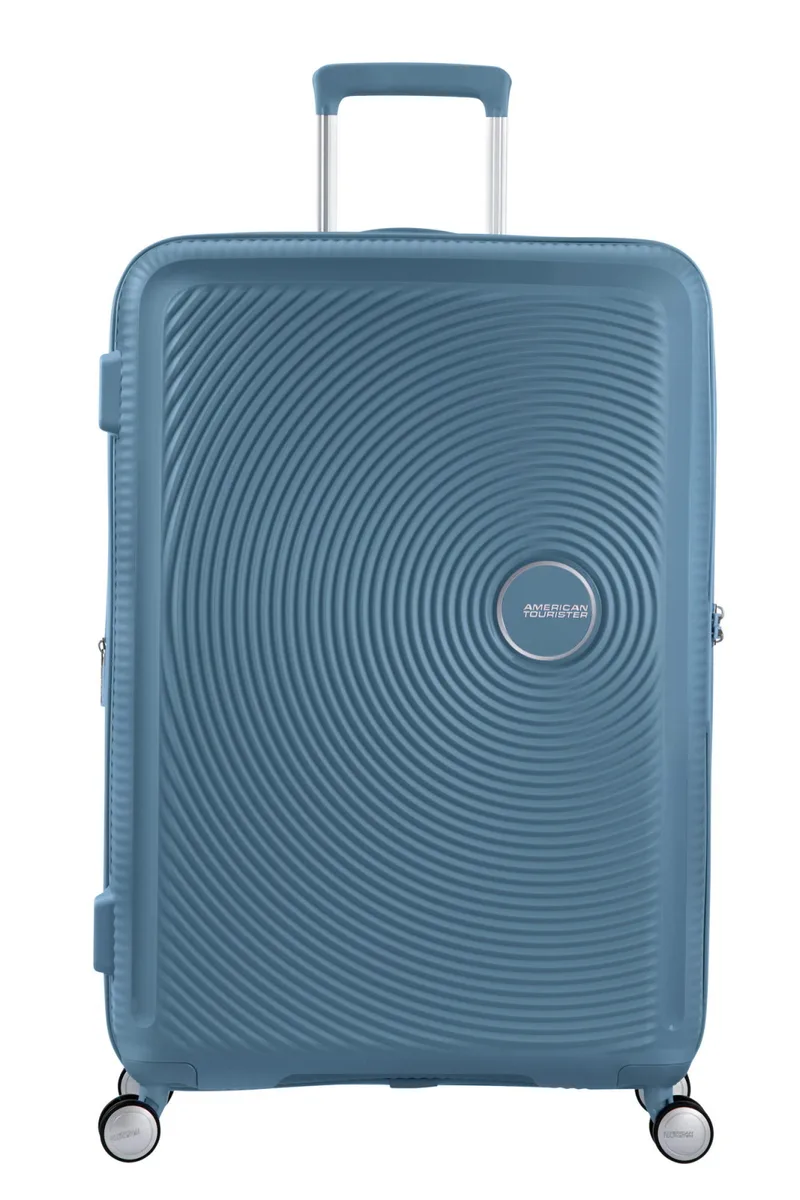 Вализа American Tourister, Soundbox, полипропилен, большая, 77 см, 97/110 л, TSA, 4 колеса, EXP, серо-синяя.