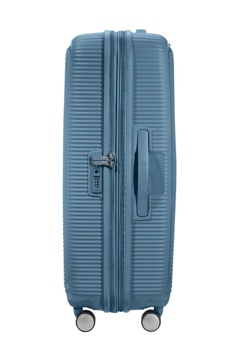 Вализа American Tourister, Soundbox, полипропилен, большая, 77 см, 97/110 л, TSA, 4 колеса, EXP, серо-синяя.