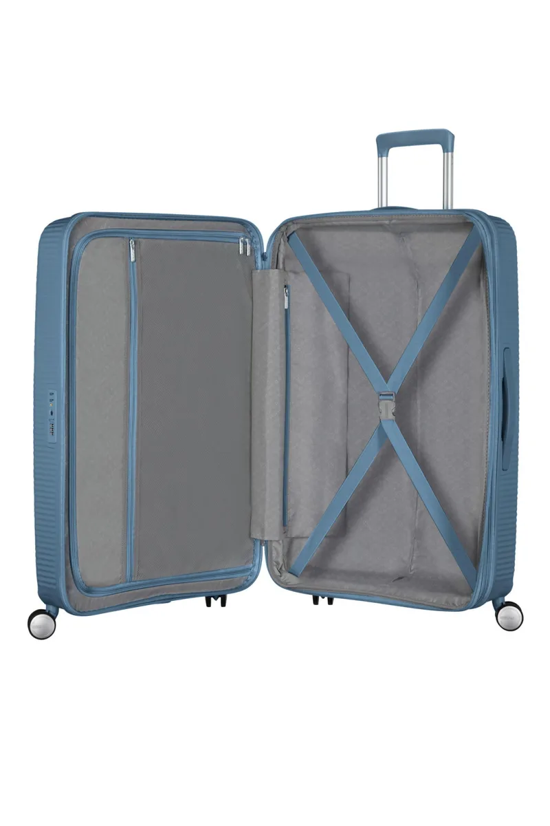 Вализа American Tourister, Soundbox, полипропилен, большая, 77 см, 97/110 л, TSA, 4 колеса, EXP, серо-синяя.