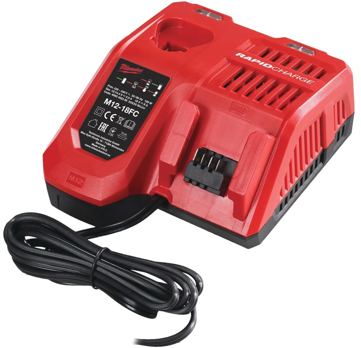 Зарядний блок Milwaukee M12-18FC TURBO для акумуляторів 12/18В, вага 1.01 кг.