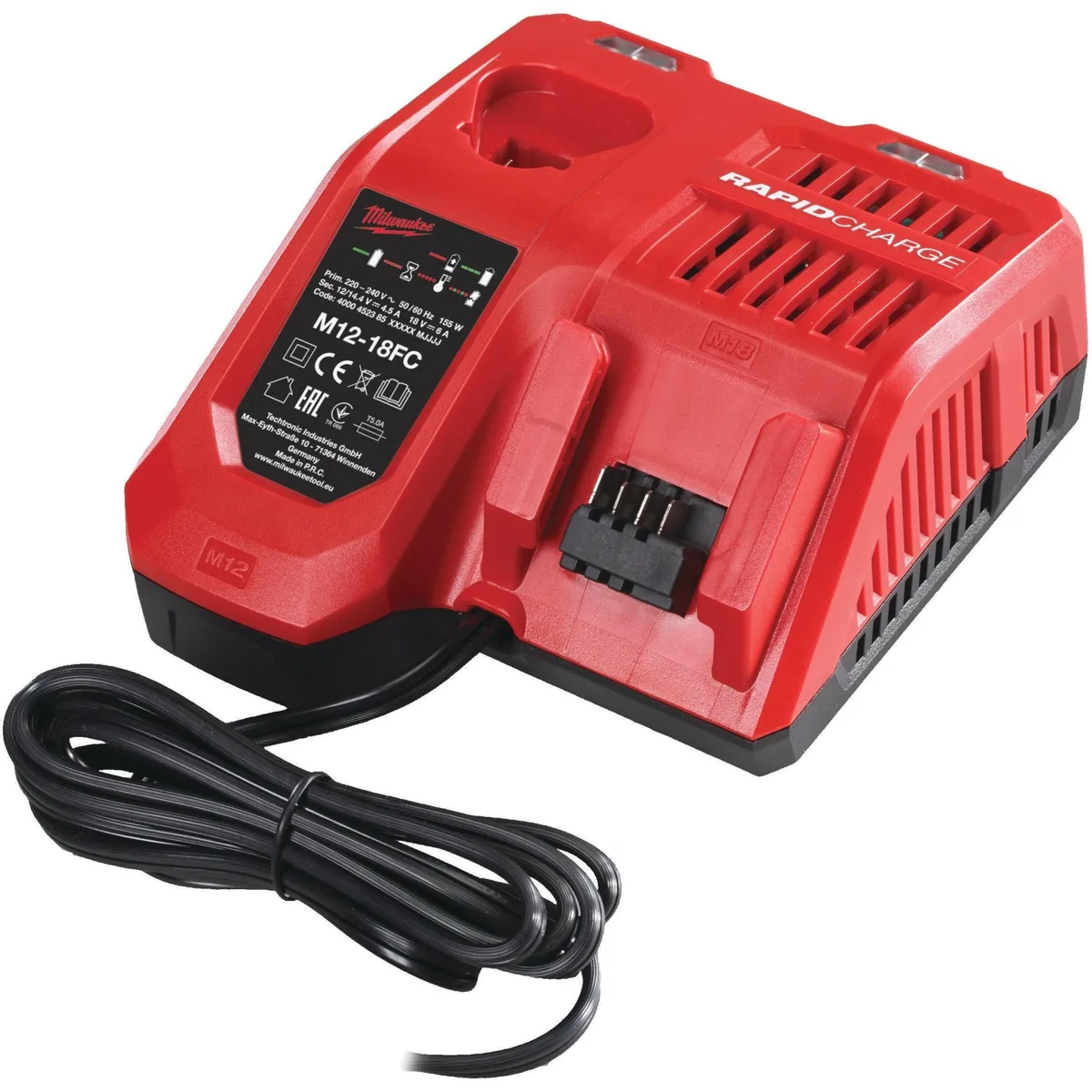 Зарядний блок Milwaukee M12-18FC TURBO для акумуляторів 12/18В, вага 1.01 кг.