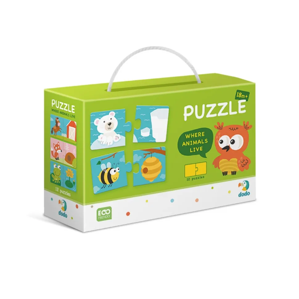 Дитячий пазл DoDo Toys 24 деталі 13х6,5 см картон Звірята та їхні будиночки