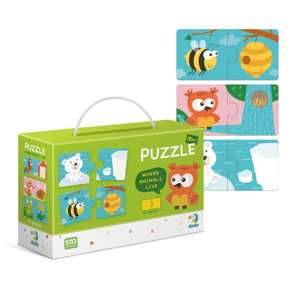 Дитячий пазл DoDo Toys 24 деталі 13х6,5 см картон Звірята та їхні будиночки