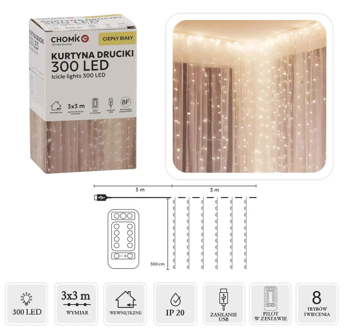 Гірлянда-штора Chomik LED 3х3 м 300 теплий білий USB з пультом