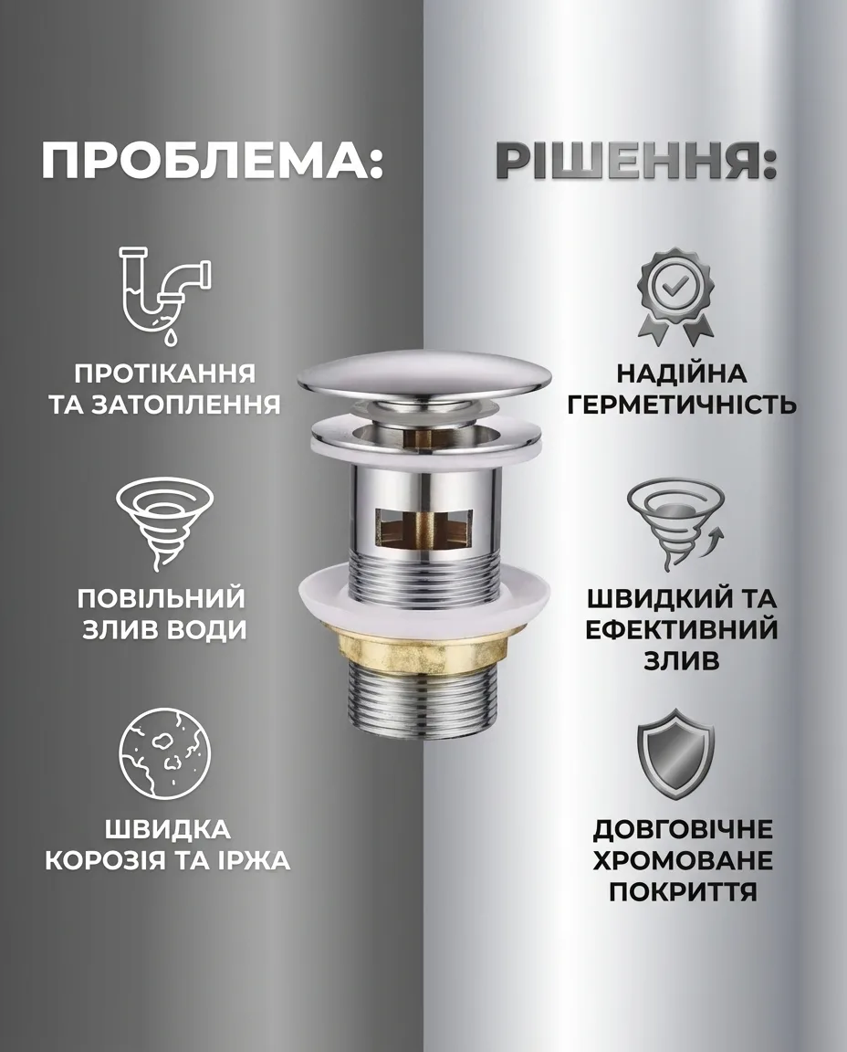 <p>Донний клапан Champion цинковий сплав 1 1/4'' хром автоматичний з переливом</p>