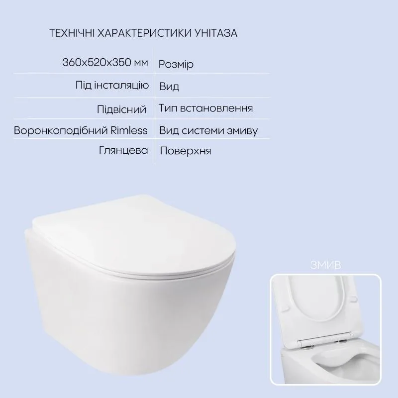 Підвісний унітаз Qtap Jay Rimless комплект інсталяції 350х360х520 мм кераміка білий