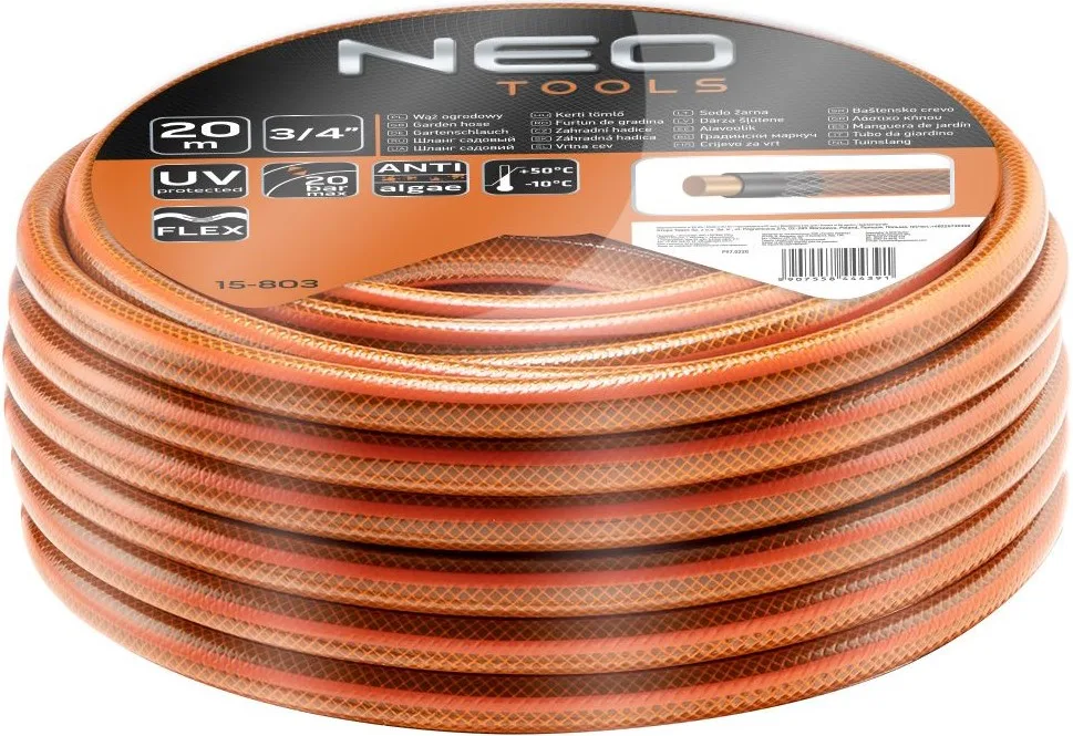 Садовий шланг Neo Tools Eco, 3/4", 20м, 4-шаровий, витримує тиск до 20 бар, температурний діапазон -10...+50°C.