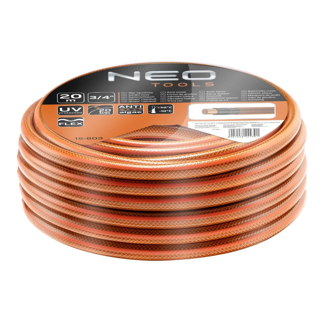 Садовий шланг Neo Tools Eco, 3/4", 20м, 4-шаровий, витримує тиск до 20 бар, температурний діапазон -10...+50°C.