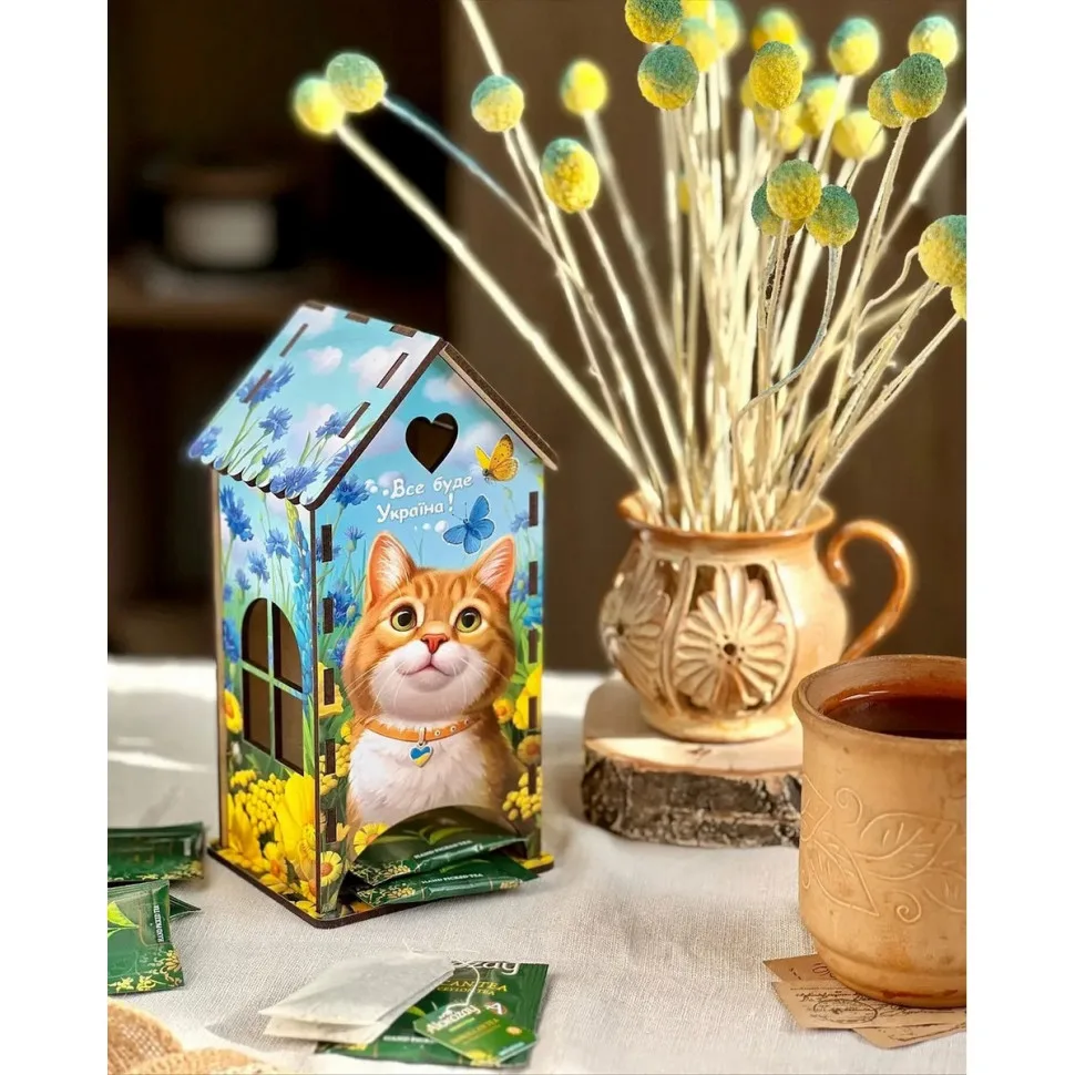 Чайний домик Ubumblebees дерев'яний 20х15х30 см Рижий котик