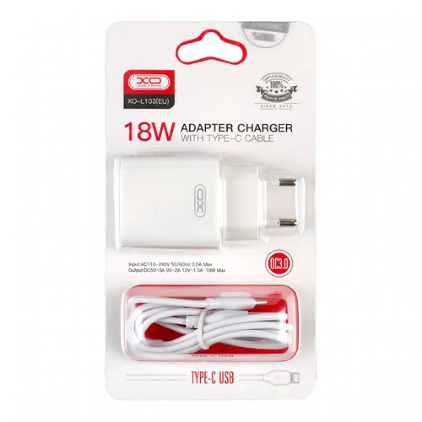 Сетевое зарядное устройство XO адаптер 18W 1м кабель USB Type-C белый