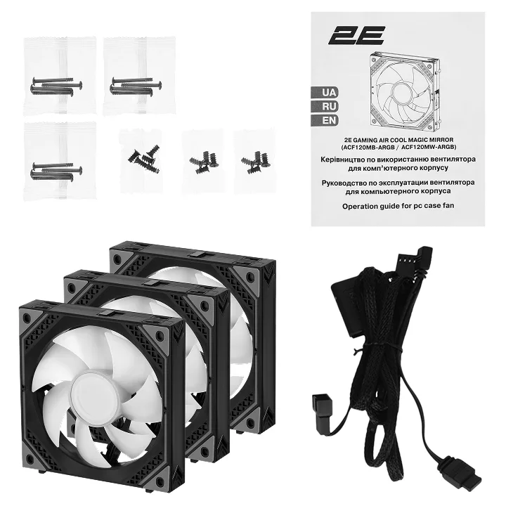 Корпусні вентилятори 2E GAMING Air Cool Magic Mirror ACF120MB-ARGB, 3x120мм, 2000rpm, 4pin PWM +5VARGB, 20.5dBa, чорний