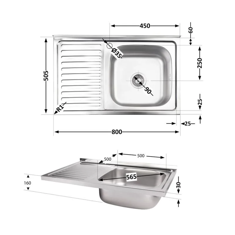 Кухонная мойка Brinex 5080-R 800х520х160 мм нержавеющая сталь Satin