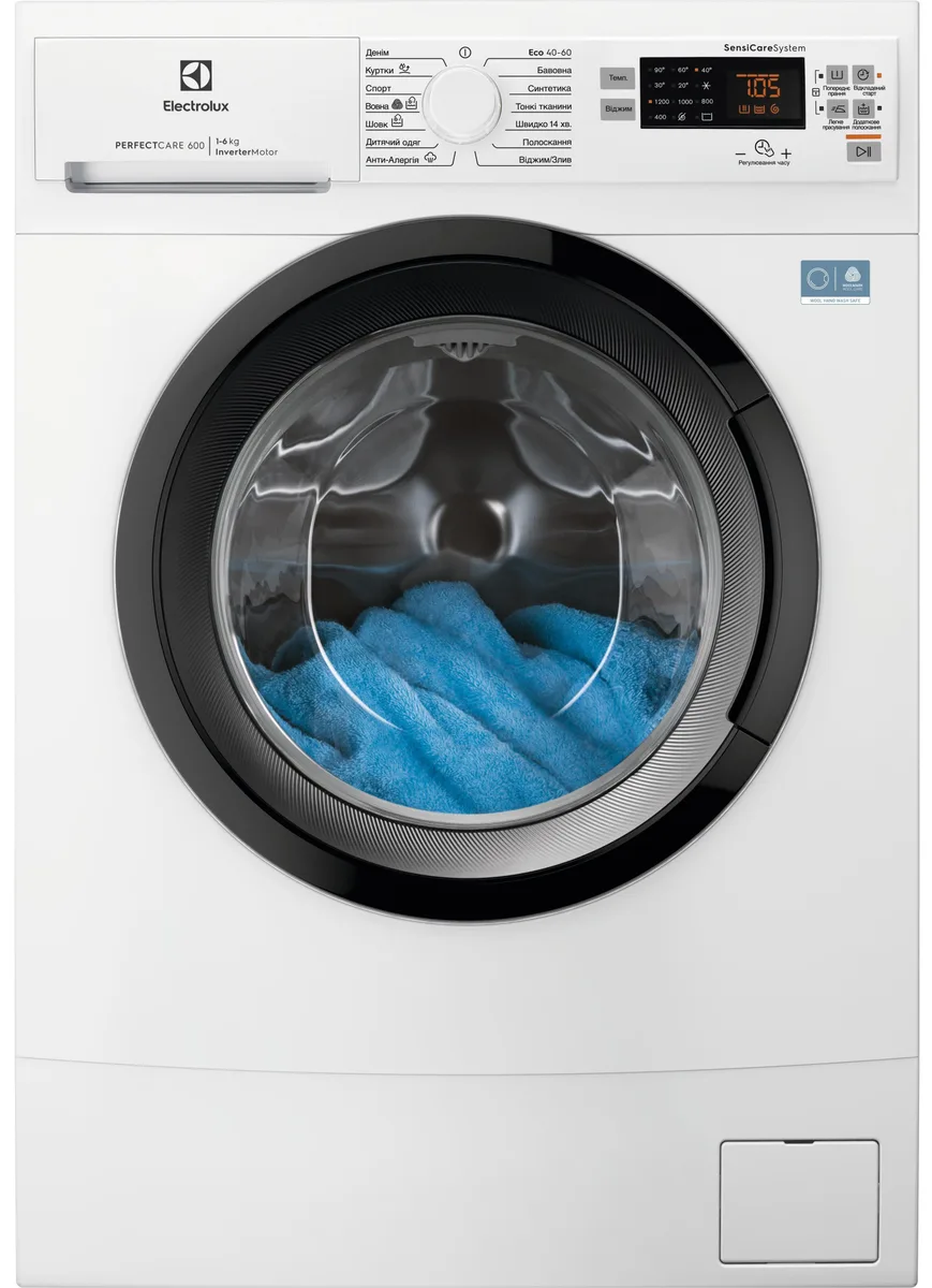 Пральна машина Electrolux фронтального завантаження, 6 кг, 1200 об/хв, клас A, ширина 41 см, з дисплеєм, інверторний двигун, біла.