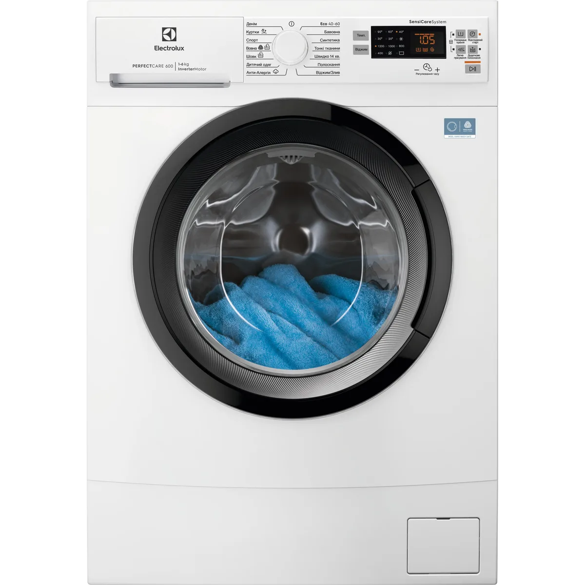 Пральна машина Electrolux фронтального завантаження, 6 кг, 1200 об/хв, клас A, ширина 41 см, з дисплеєм, інверторний двигун, біла.