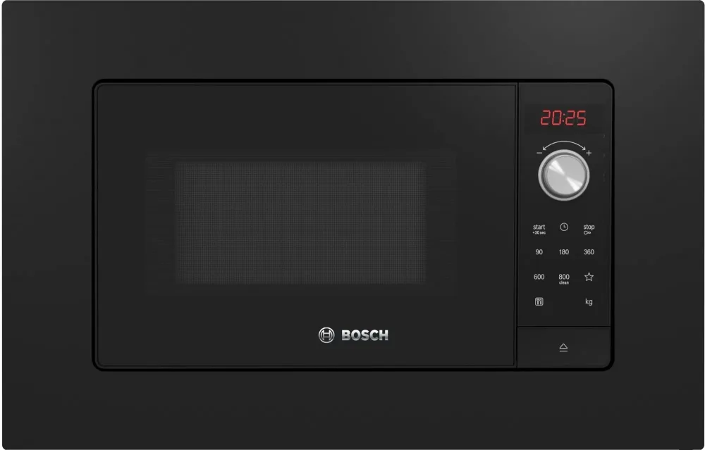 Вбудована мікрохвильова піч Bosch, 20 л, електронне керування, 800 Вт, з дисплеєм, чорного кольору.