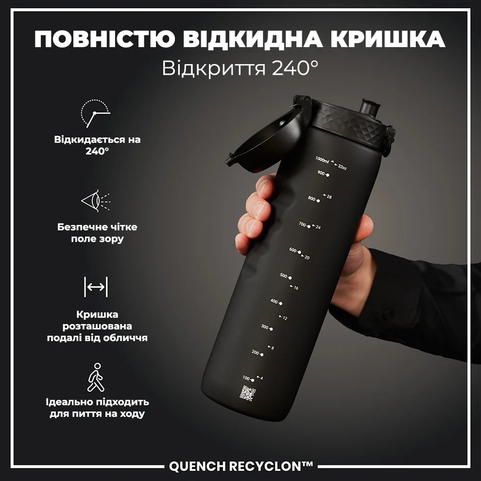 Бутылка для воды ION8 Recyclon 1000 мл Черная BPA Free