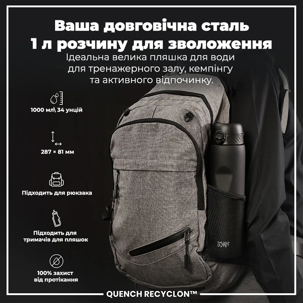 Бутылка для воды ION8 Recyclon 1000 мл Черная BPA Free