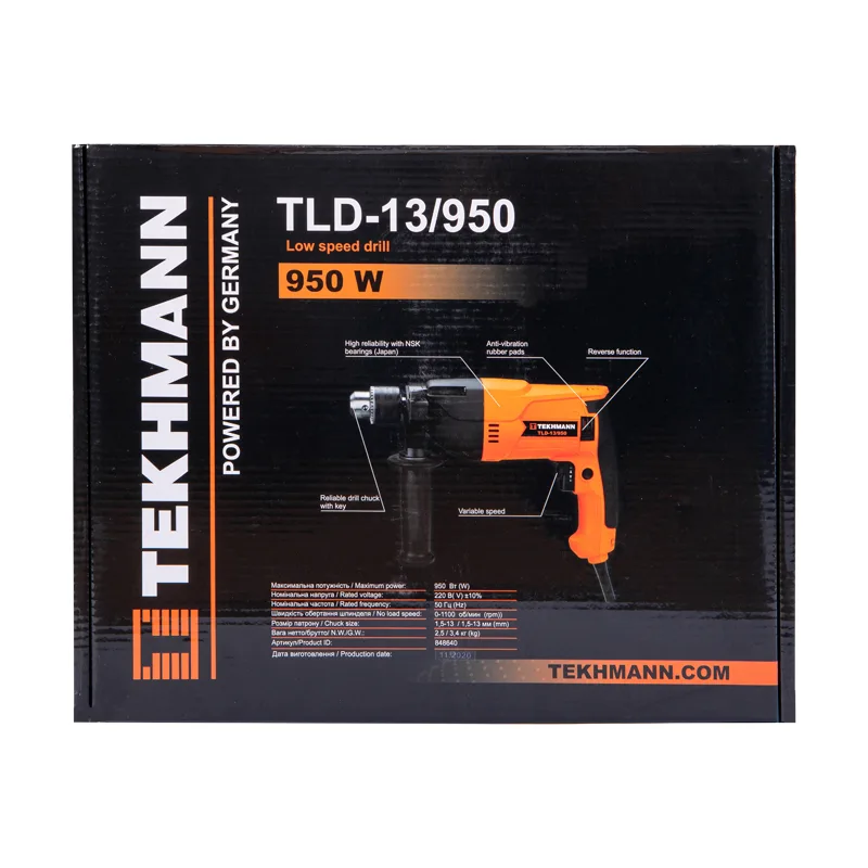 Дриль Tekhmann TLD-13/950 950Вт з зубчастим патроном 13мм, 0-1100 об/хв, вага 2.5 кг.