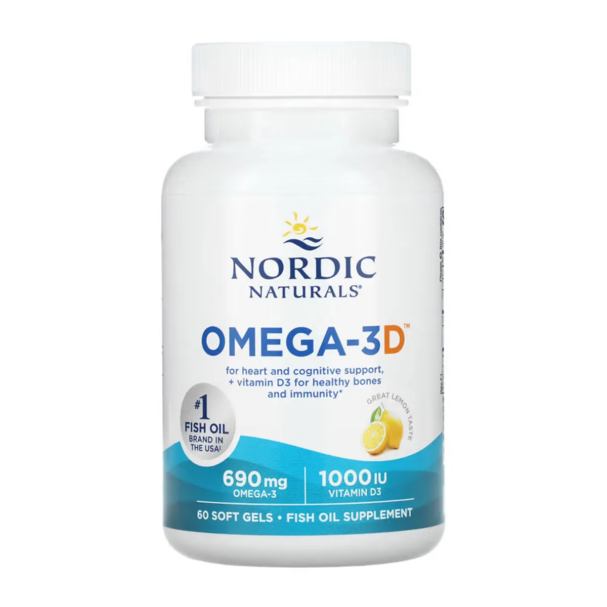 Омега-3D Nordic Naturals риб'ячий жир 60 капсул 690 мг Омега-3 1000 МЕ вітаміну D3 лимонний смак