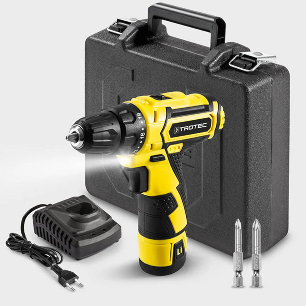 Акумуляторний дриль-шурупокрут Trotec 12V 2Ah жовтий з кейсом