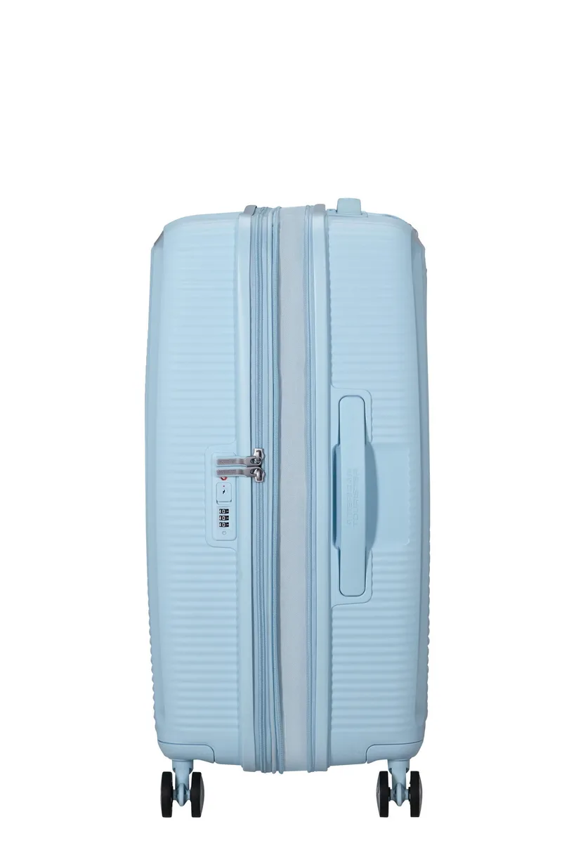 Вализа American Tourister, Soundbox, полипропилен, средняя, 67 см, 71.5/81 л, TSA, 4 колеса, EXP, пастельно-голубая.