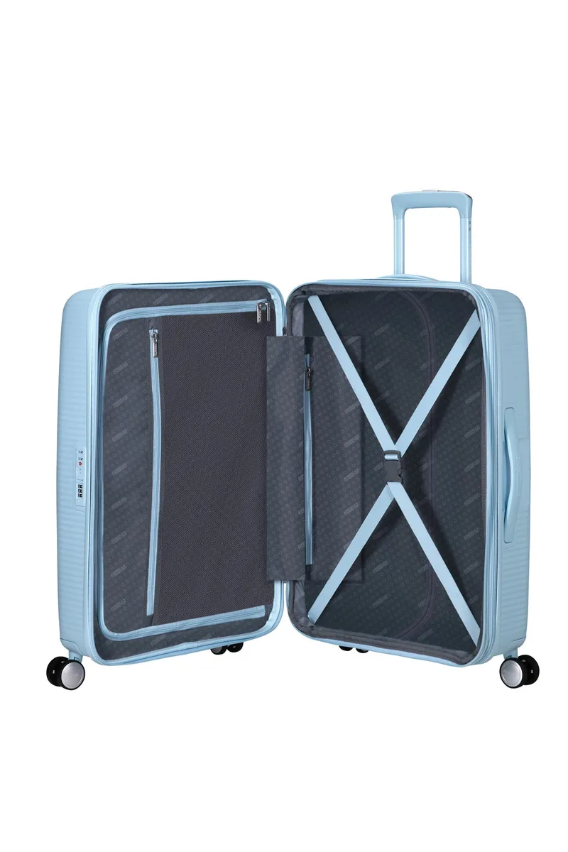 Вализа American Tourister, Soundbox, полипропилен, средняя, 67 см, 71.5/81 л, TSA, 4 колеса, EXP, пастельно-голубая.