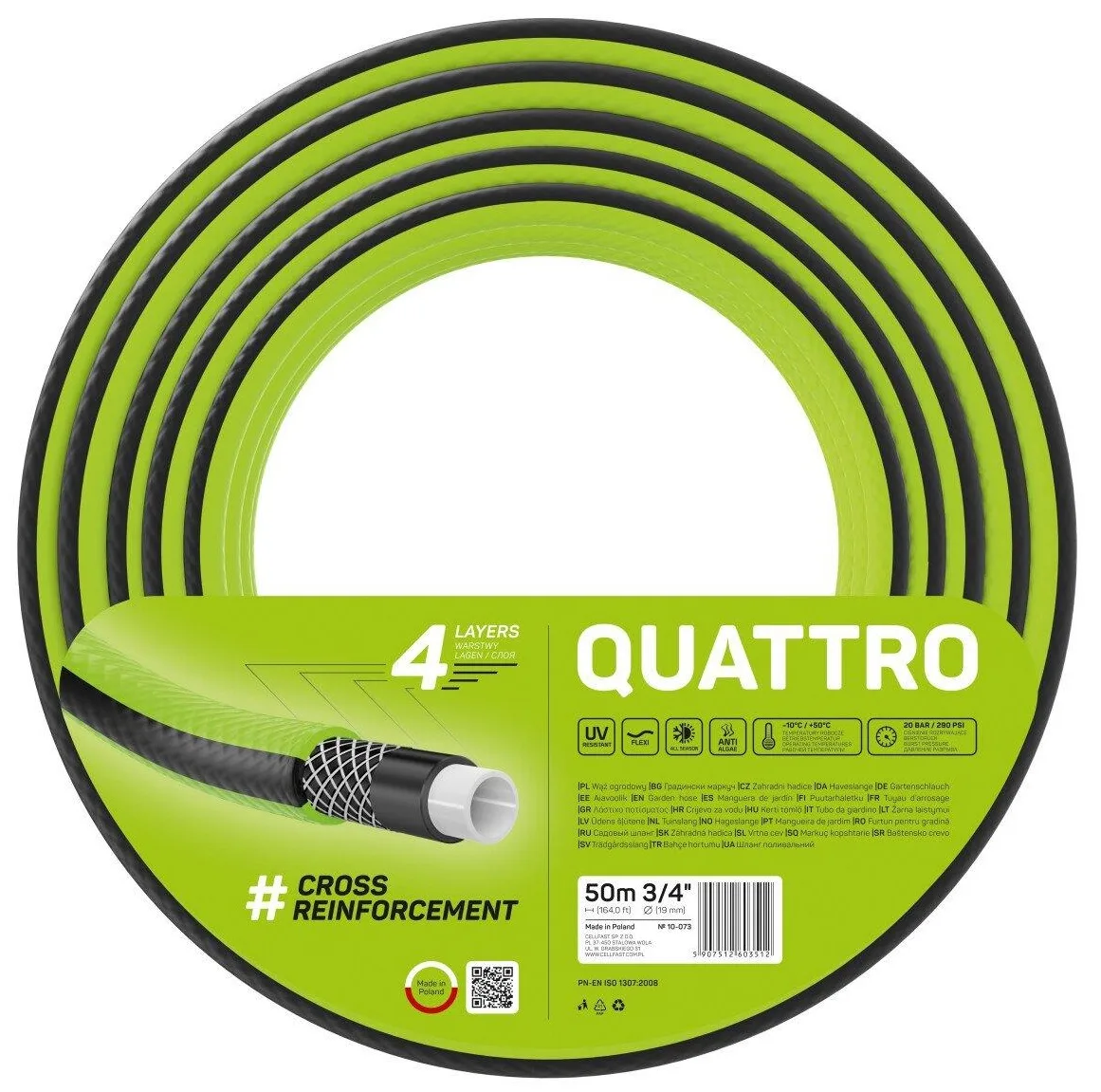 Садовий шланг Cellfast QUATTRO 3/4' 50м, 4-шаровий, витримує тиск до 20 бар, температурний діапазон -10...+50°C.