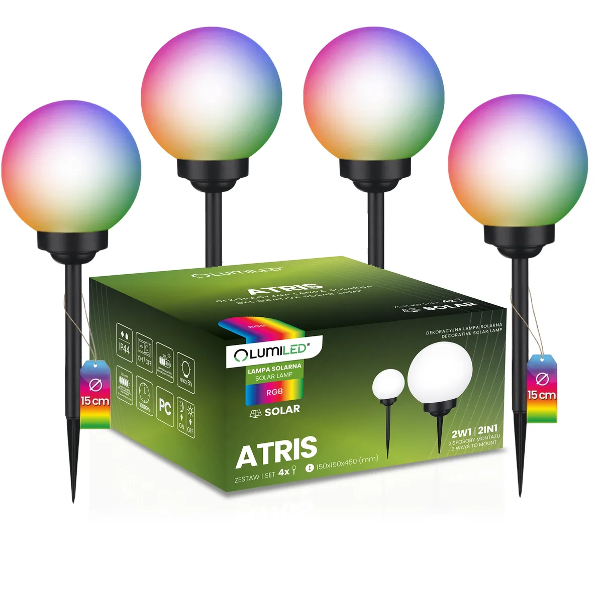 Садові LED кулі LumiLED 15 см полікарбонат RGB асорті 4 шт на сонячній батареї