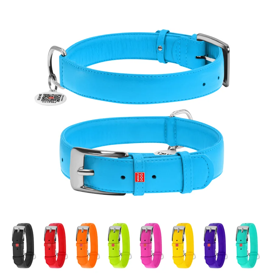 Нашийник WAUDOG Glamour шкіряний XL 35 мм 46-60 см блакитний з QR паспортом