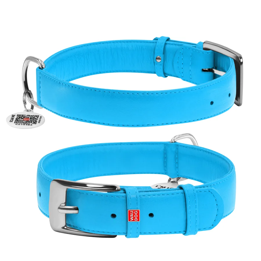 Нашийник WAUDOG Glamour шкіряний XL 35 мм 46-60 см блакитний з QR паспортом
