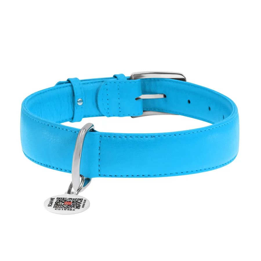 Нашийник WAUDOG Glamour шкіряний XL 35 мм 46-60 см блакитний з QR паспортом