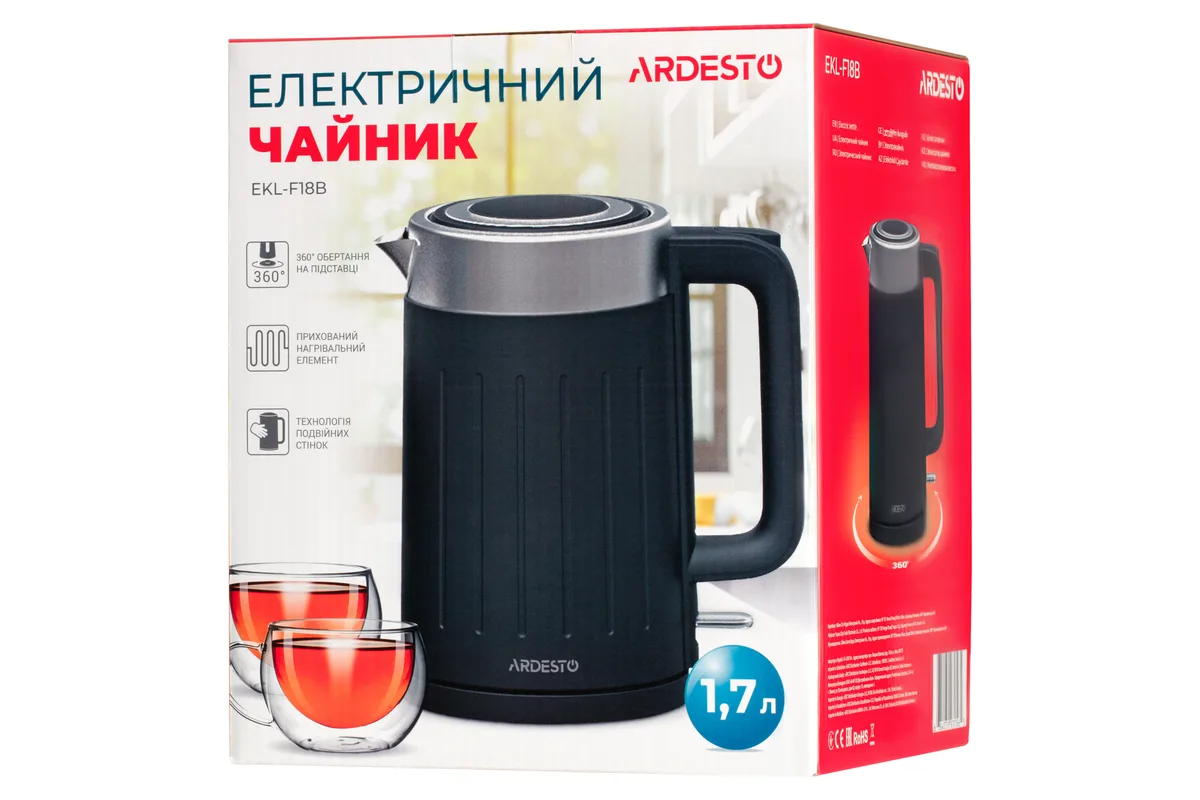 Електрочайник ARDESTO 1.7л, Strix, із подвійними стінками, чорний матовий фініш.