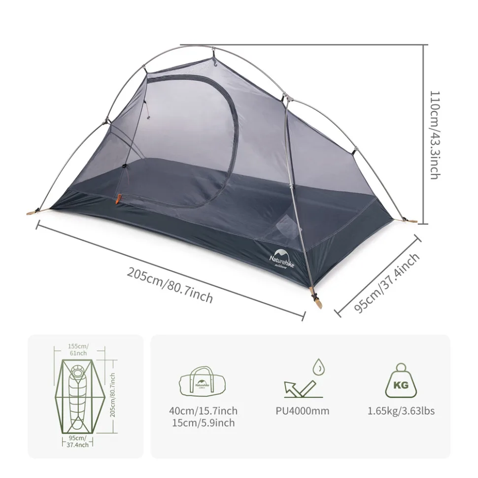 Намет сверхлегкий одноместный Naturehike 210T 205х(95+60)х110 см темно-зеленый.