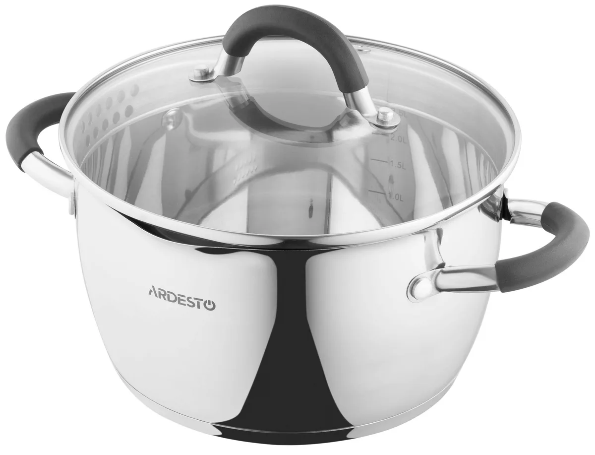 Каструля з прозорою кришкою та зливом ARDESTO Gemini Livorno, 3.2л, з нержавіючої сталі та силікону.