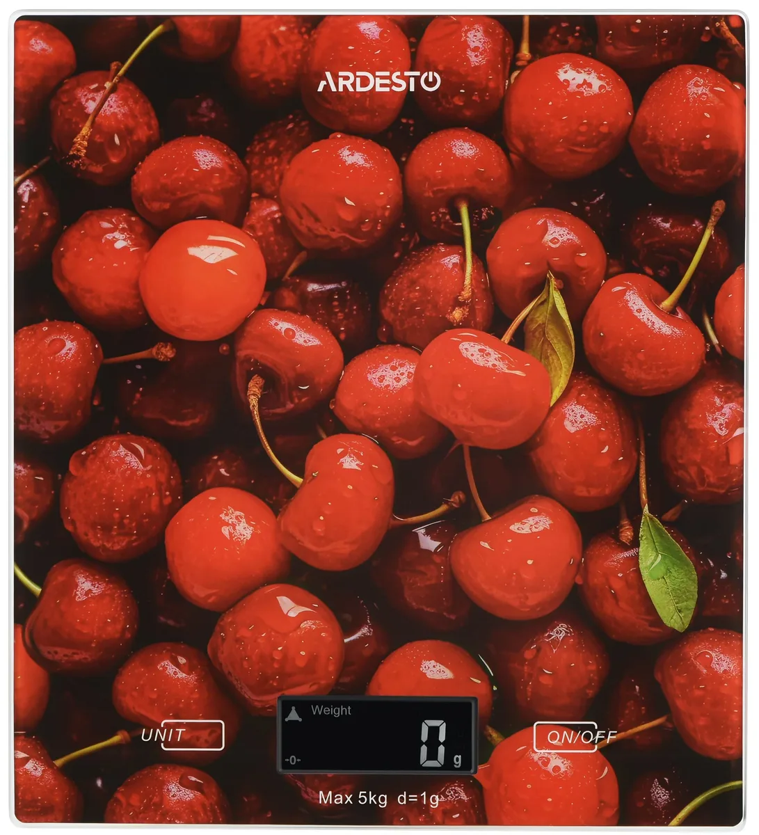 Кухонні ваги ARDESTO CHERRY, 5 кг, комплект AAAx2, скляний корпус, багатокольоровий дизайн.