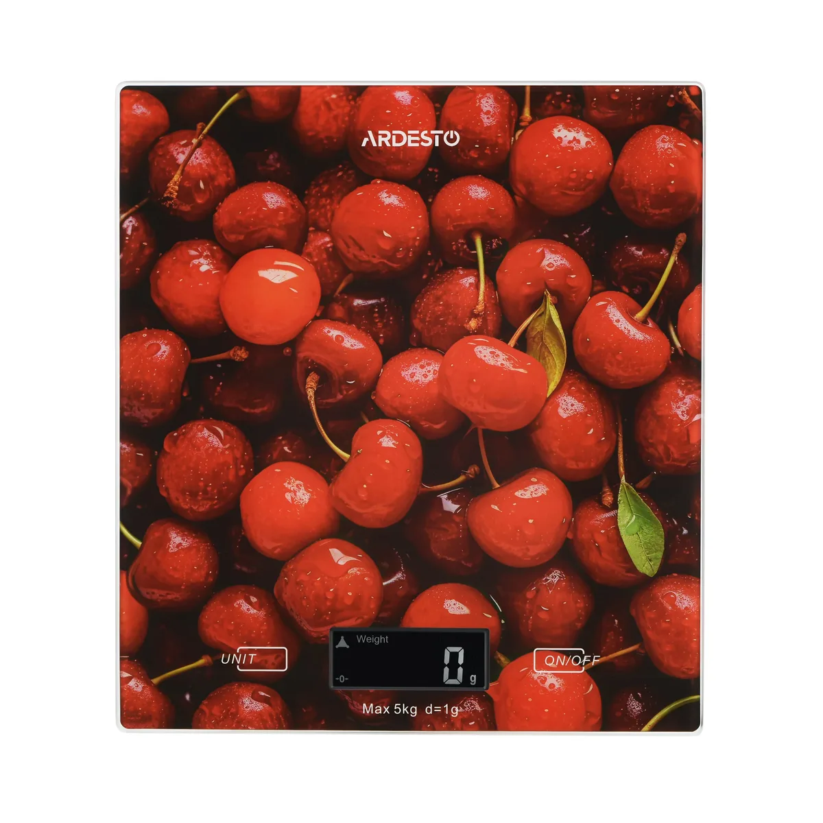 Кухонні ваги ARDESTO CHERRY, 5 кг, комплект AAAx2, скляний корпус, багатокольоровий дизайн.