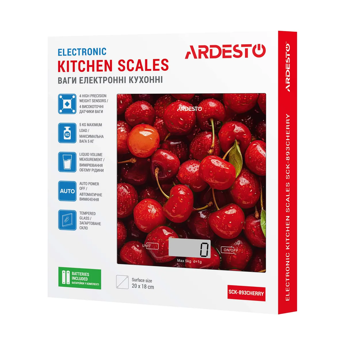 Кухонні ваги ARDESTO CHERRY, 5 кг, комплект AAAx2, скляний корпус, багатокольоровий дизайн.