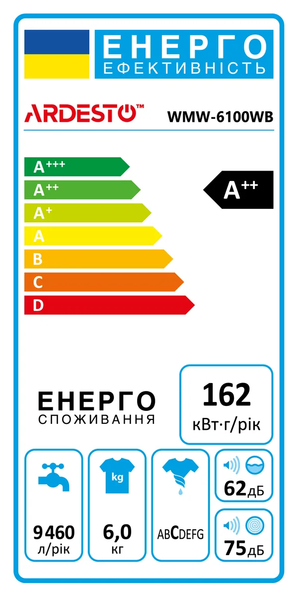 Пральна машина ARDESTO фронтальна 6кг 1200 об/хв А++ біла