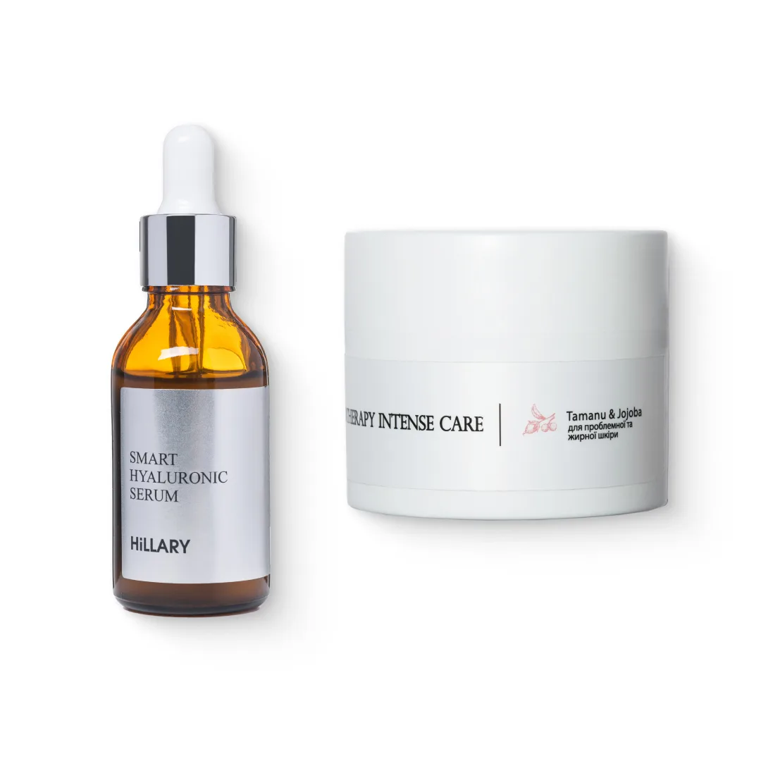 Гиалуроновая сыворотка Smart Hyaluronic + Крем для жирной проблемной кожи Tamanu Jojoba набор для увлажнения и регулирования себума.